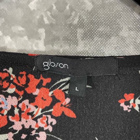 Gibson Black & Red Floral Twist Front Tunic Length Top - Size Large - 3/4 Sleeve - Picture 5 of 7